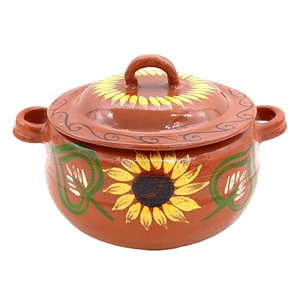 Mexican Bean Pot Redware Terracotta Clay Olla de Barro Frijolera Sunflower Large - Picture 1 of 8