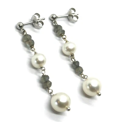 PENDIENTES COLGANTES ORO BLANCO 18K, PERLAS BLANCAS FW, LABRADORITA, 4,5 cm, 1,8" Foto 1 de 4
