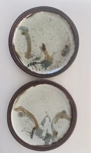 Set Of 2 Large Asian Art Pottery Platter Plates Signed 11"D Hand Painted Heavy - Picture 1 of 6