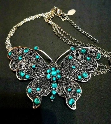 MAGNIFICA COLLANA ART-DECO' <FARFALLA> ANNI30 ZAFFIRI CM.10x7 ARGENTO-ORO BIANCO - Immagine 1 di 4