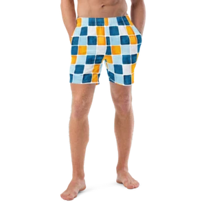 Blue Orange White Checkerboard Custom Print Men's Swim Trunks 2XS-6XL - Picture 1 of 47