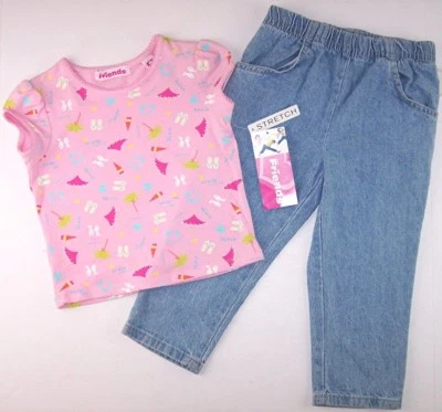 NWT Just Friends Girl's Beach Print Pink Top & Light Wash Denim Jeans, 2T - Image 1 of 4
