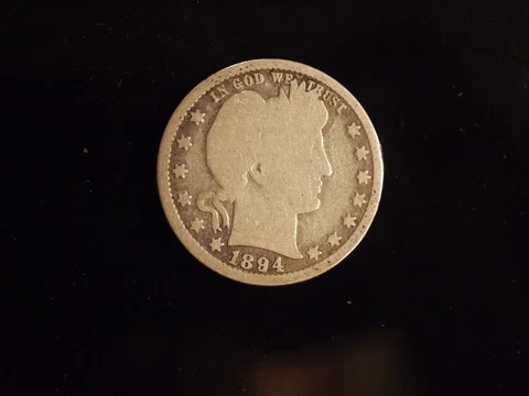 1894 O 90% Silver Barber Quarter Dollar Good Condition Cover
