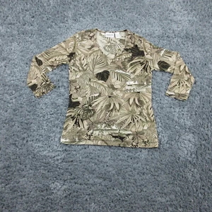 Chicos Travelers Shirt Womens 0 Beige Floral Foliage V-Neck Long Sleeve - Picture 1 of 14