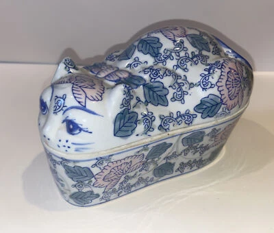 Caixa de bugigangas vintage com tampa de gato porcelana chinesa cerâmica CHINA - Imagem 1 de 4