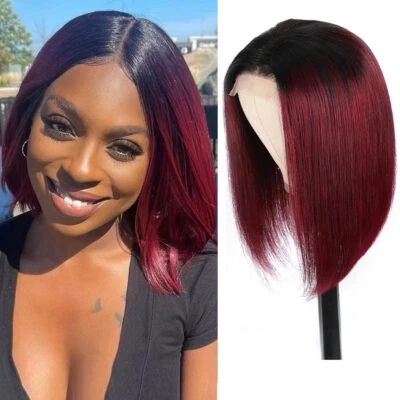 Peluca Bob Rojo Borgoña Cabello Humano Lacto 1B/99J Ombre 13x4 Encaje Frontal Bob Pelucas Foto 1 de 4