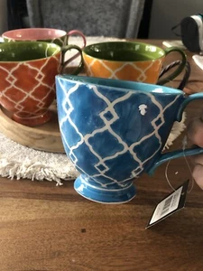 Brand NEW Set of 4- multi-colored Coffee/Tea mugs. Blue, Green, Yellow, Orange. - Picture 1 of 2