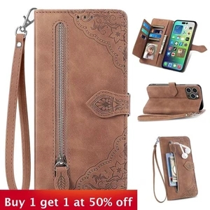 Zipper Flip Wallet Phone Case For iPhone 16 15 Pro Max 14 13 12 11 Shockproof - Picture 1 of 13