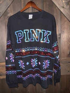PINK Victoria's Secret T-Shirt Damen L schwarz irisierend Schneeflocke Urlaub - Bild 1 von 4