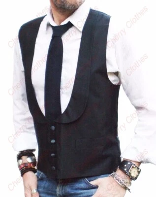 Mens Black Silk Horseshoe Low U Cut Lapel Collar Waistcoat Vest - M L Xl Xxl - Image 1 of 4