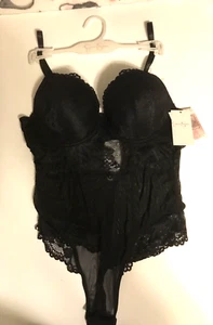 Jessica Simpson Black Lace P/U Teddy Bodysuit Sexy NWT Med Snap Crotch JS35841 - Picture 1 of 10