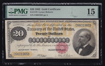 US 1882 $20 Gold Certificate FR 1178 PMG 15 VF (985) - Image 1 of 2
