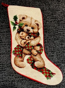 Vintage Needlepoint Christmas Holiday Stocking Teddy Bear Red Velvet Backing 18" - Picture 1 of 11