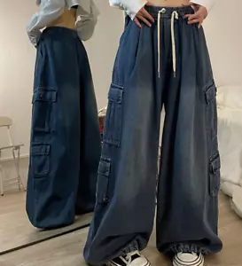 Lady Retro Loose Cargo Denim Jeans Pants Baggy Streetwear Pockets Long Trousers - Picture 1 of 11