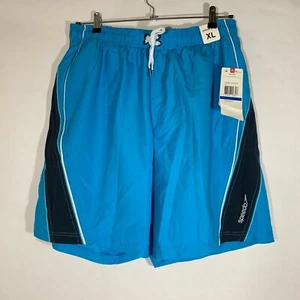 New Speedo Sz XL Swim Trunks Men Blue Pockets Tie Waist 10" Inseam - Picture 1 of 9