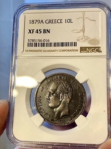 GREECE- 10 lepta 1879 XF45 NGC .Rare Copper coin Of King George A’ !! - Picture 1 of 2