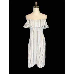 Vestito Zara spalle scoperte bodycon midi bianco righe marrone - Foto 1 di 12