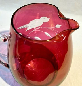 Vtg Cranberry Etched Glass Pitcher Bluebird Iridescent Handblown Applied Handle - Picture 1 of 9