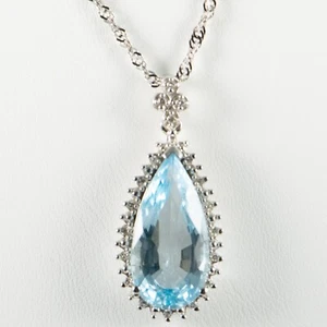 14K White Gold Extra Large Blue Topaz Pear Shape Pendant with Serpentine Chain - Picture 1 of 14
