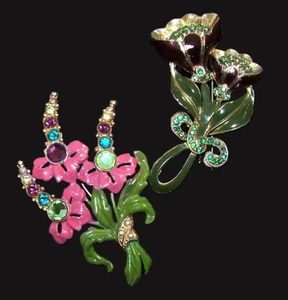 Art Deco Retro Enamel & Crystals/Rhinestones Floral Pins - Book Piece - Picture 1 of 18