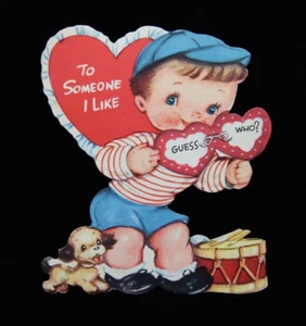 Vintage Die-Cut Valentine Card Boy Puppy Dog Drum TO SOMEONE I LIKE ~ GUESS WHO? - Picture 1 of 2