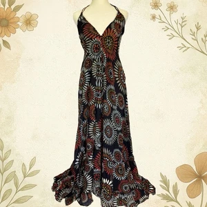 Maxi Vestido Boho Halter Corbata Espalda Abierta Retro Floral Sunburst Festival Psicodélico - Imagen 1 de 17