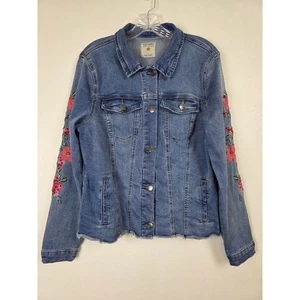 Chaqueta de mezclilla tallada con volantes para mujer L floral bordada jean abotonada lavado claro - Imagen 1 de 15