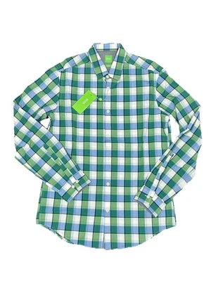 Hugo Boss 男式绿色多格子现代合身纽扣衬衫 M 码全新带标签 — 第 1/3 张图片