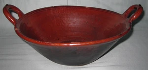Vtg redware pottery double handle black paint glazed bowl, AS IS - Picture 1 of 17
