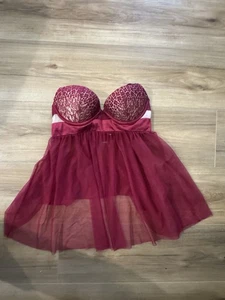 Victoria Secret Elegante Oscuro, Rojo Encaje Babydoll Lencería 32C Sujetador Push Up Camisón - Imagen 1 de 13