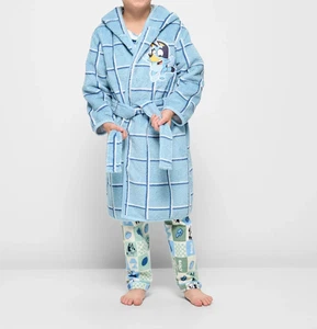 Boys size 7 Blue check BLUEY Terry Fleece Dressing Gown hood NEW - Picture 1 of 5