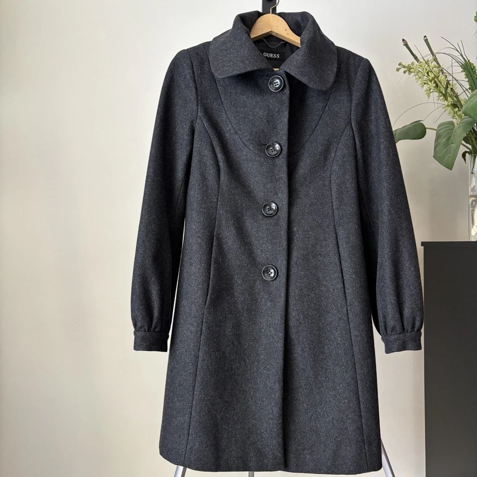 Casaco de lã Guess cinza vermelho mistura peito duplo com cinto ervilha tamanho médio - Imagem 1 de 4