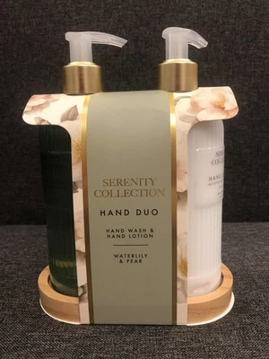 Hand Duo Soap Lotion Wash Wooden Plate Serenity Collection Waterlily Pear Gift
