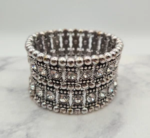 Vintage Rhinestone Beaded Silver Plated Wide Stretch Bracelet 1.5" Wide - Picture 1 of 6
