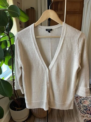 Talbots 100% 亚麻开衫毛衣超柔软浅色面霜白色中号 — 第 1/4 张图片