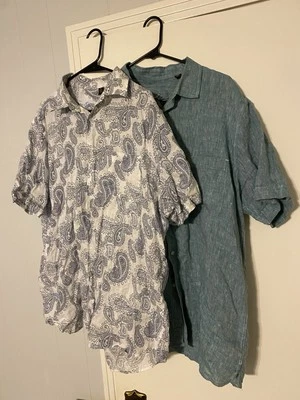 Lote 2 Camisas Hombre 100% Lino XL Tasso Elba Verde y Azul Paisley Manga Corta Foto 1 de 4