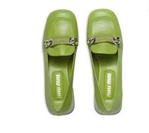 MIU MIU heels green leather logo plaque heels worn 4-5 times 37.5 uk4.5 mp - Picture 1 of 11