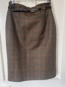 M&S Vintage St Michael’s UK 10 Tan Check Wool Skirt leather Belt W27” H37” L24” - Picture 1 of 7