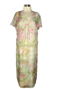 NEW STUDIO 1 Size 14 Long Dress Green Pink Floral Crinkle Short Sleeve - Picture 1 of 9