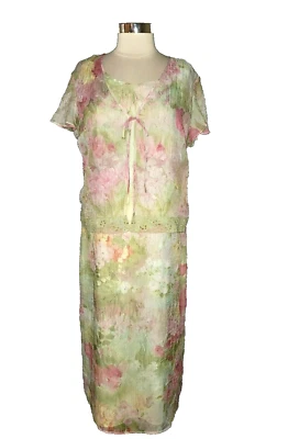 NUEVO STUDIO 1 Talla 14 Vestido Largo Verde Rosa Floral Arrugado Manga Corta Foto 1 de 4