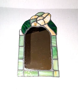 Vintage Stained Glass Framed Wall Mirror 13.25" x 7.5" Floral Lead Trim - Picture 1 of 3