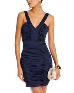 Ramy Brook Anika Pleated Bodycon Dress Women's 6 Navy V-Neck Back Zip Closure - Picture 1 of 16