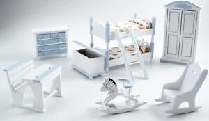 Dolls House Nursery Set 7 Piece Blue And White Tumdee 1:12 Scale Bedroom 900b