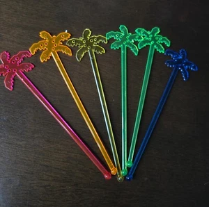 6 Vintage Colorful PALM TREES 7" Neon TROPICAL DRINK Cocktail Swizzle STIRRERS - Picture 1 of 4