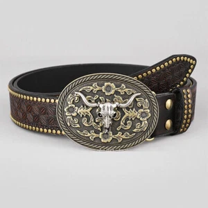 New Pu Leather Mens Western Cowboy Belt Vintage Waist Belt Buckle Belt Mens - Picture 1 of 20