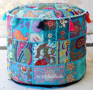 Indian Handmade Round Pouffe Cover Vintage Cotton Footstool Ottoman Patchwork - Picture 1 of 4