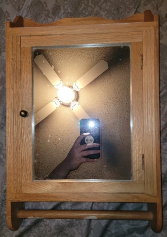 Antique Oak Wall Hung Medicine Shaving Cabinet w Mirror and Towel Bar Cover