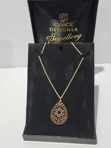 Grace Designer Jewellery Gold Tone Metal Lace Teardrop Necklace 23cm Drop - Picture 1 of 5