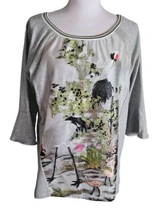 Alberto Makali Blouse Sz M Gray Embroidered Bird Print Ruffle 3/4 Sleeve  Shirt - Picture 1 of 15