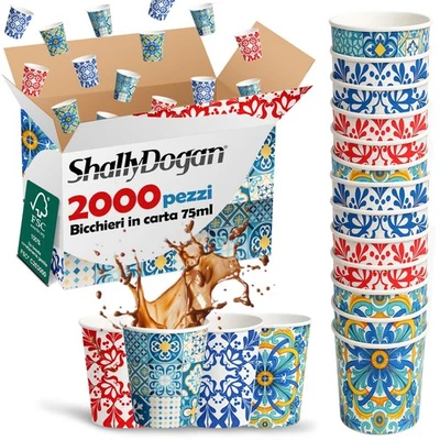 2000 Bicchierini da Caffè Monouso Decoro Maiolica Bicchieri 75ml Usa e Getta - Immagine 1 di 4